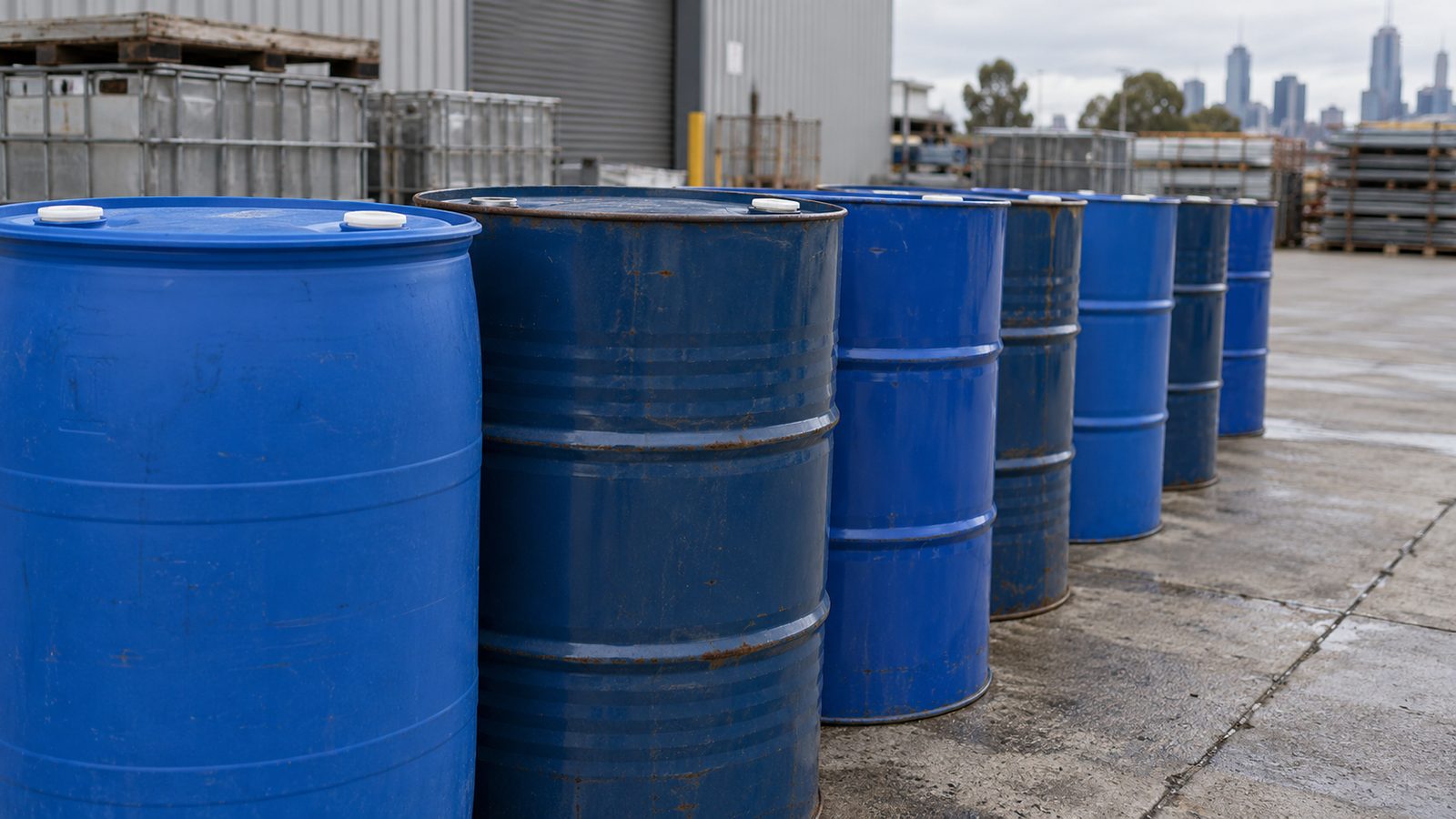 Empty 200 litre steel and plastic drums in a yard