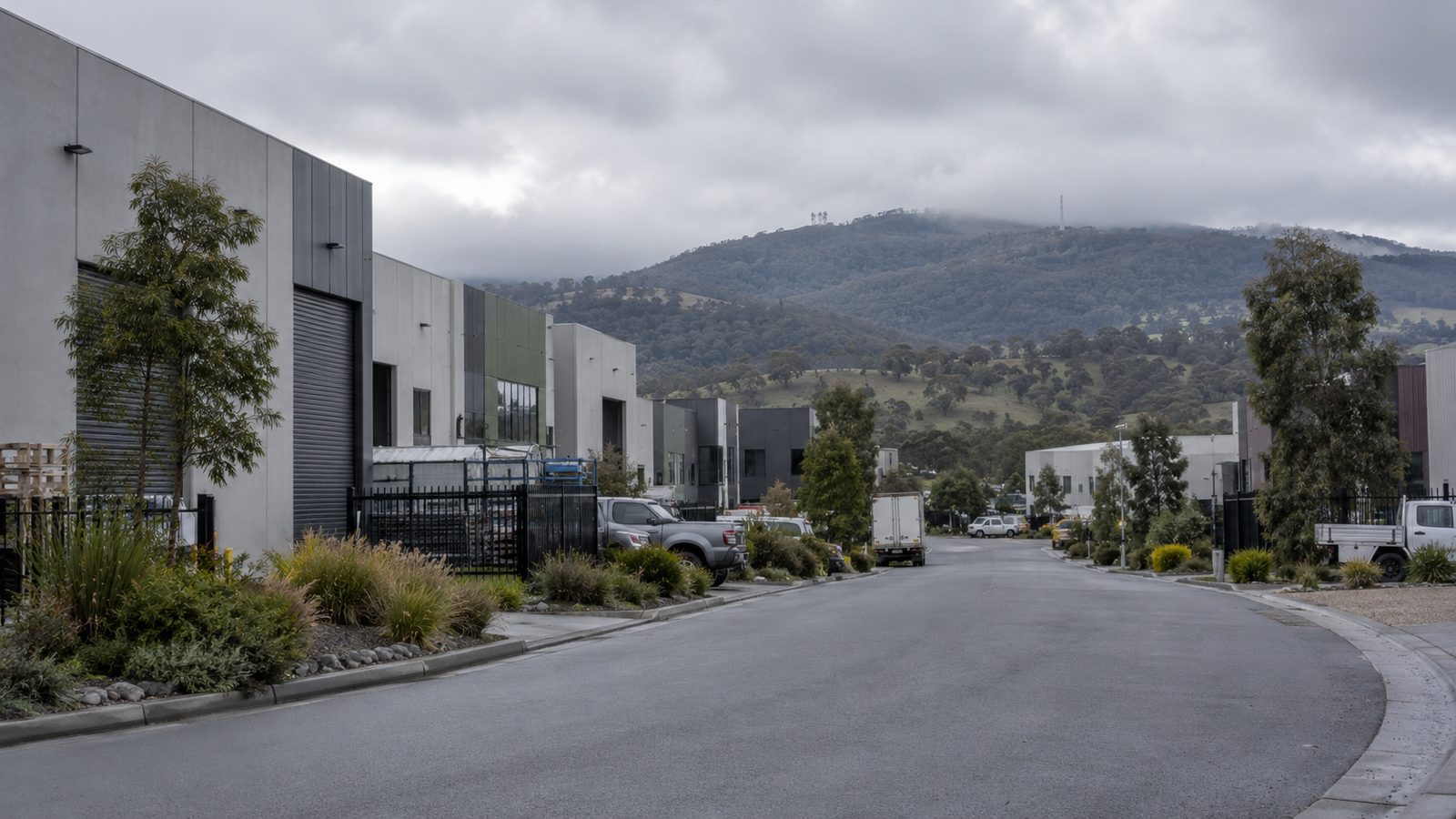 Industrial estate in Bayswater with hills behind