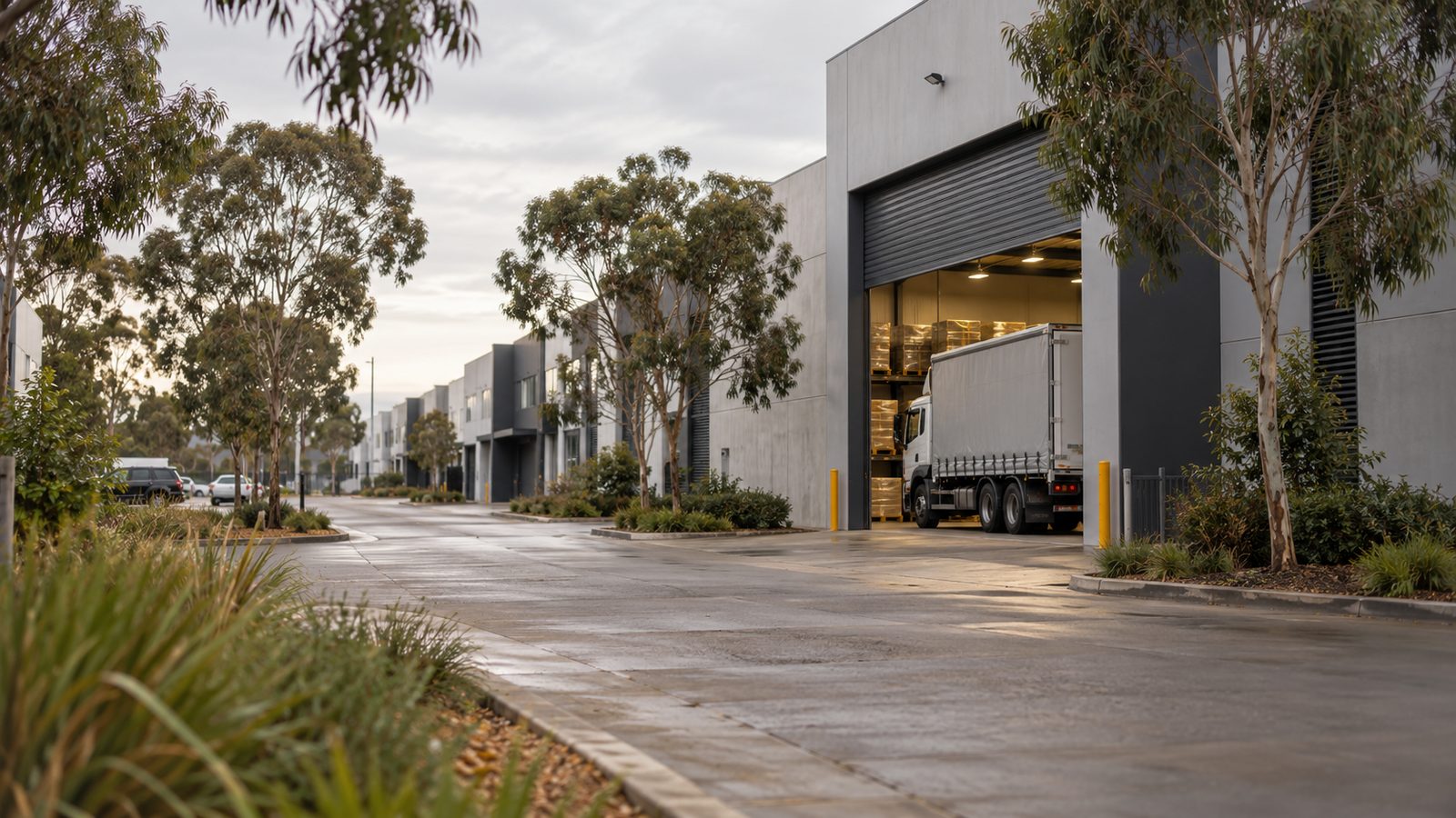 Braeside industrial street with warehouses and a truck