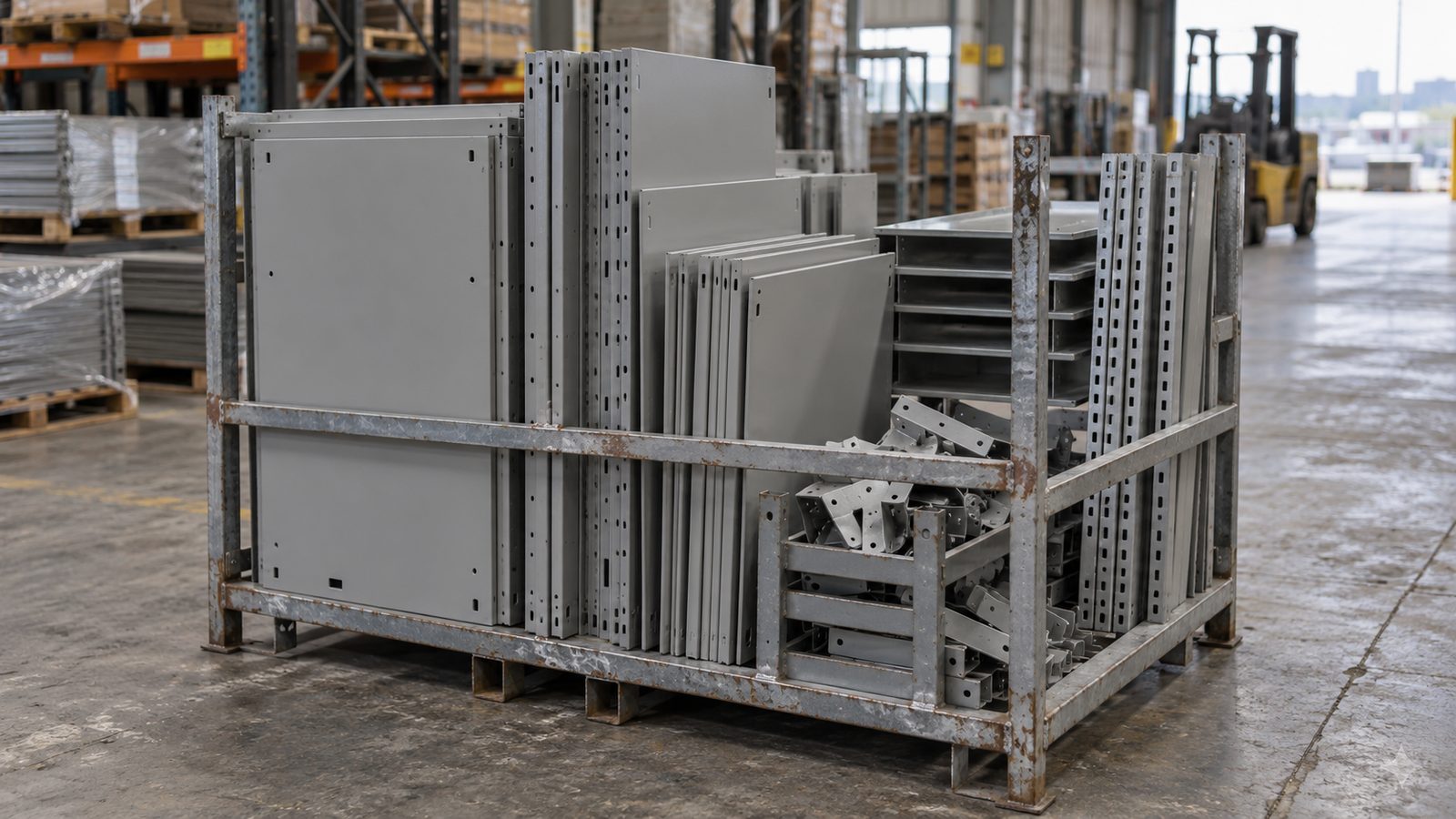 Steel filing cabinet panels and shelving in a stillage