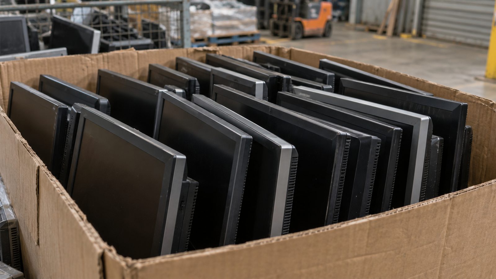 Old computer monitors packed upright for disposal