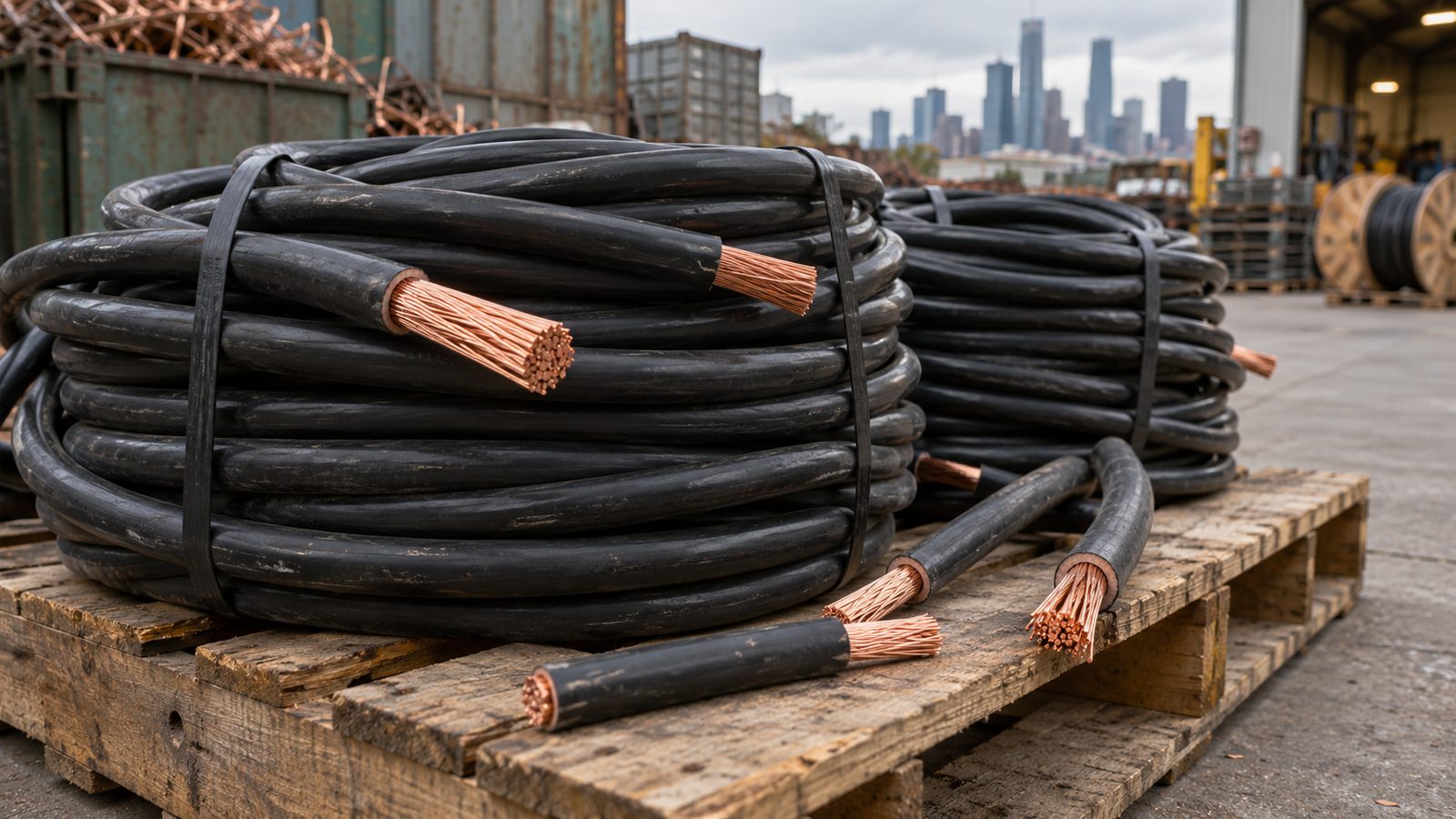 Coiled copper cable from retired equipment on a pallet