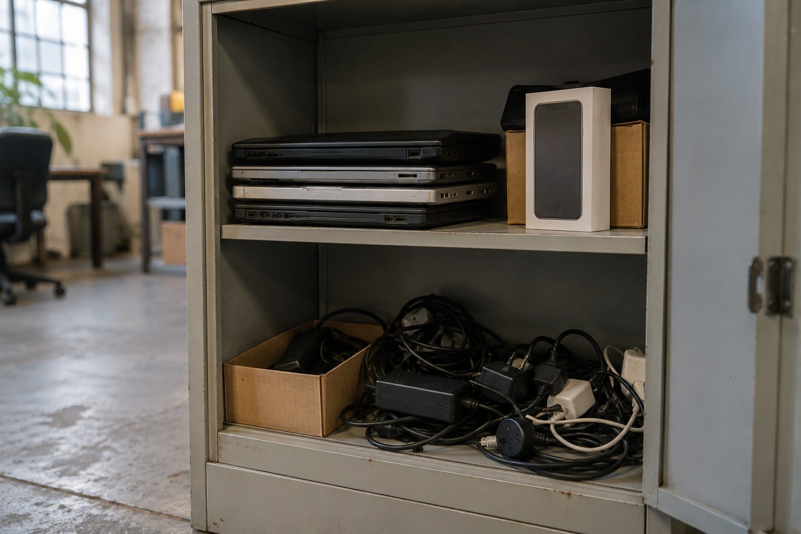 Office cupboard with a few old laptops and chargers
