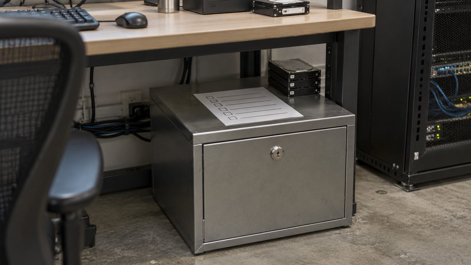Locked security bin for drives with a checklist on top