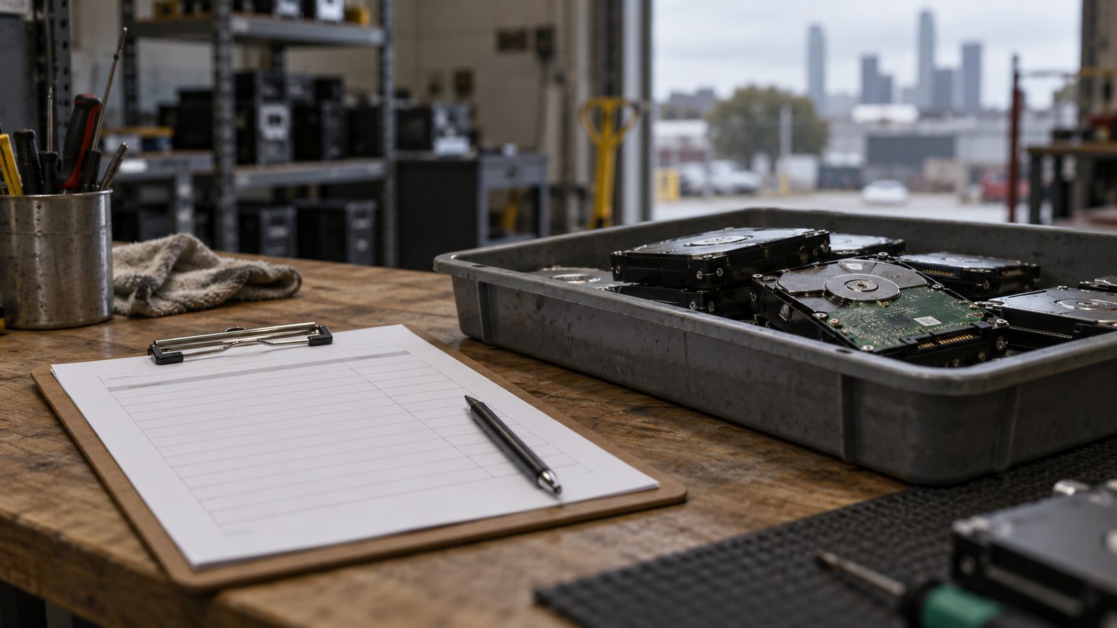 Clipboard beside a tray of removed hard drives