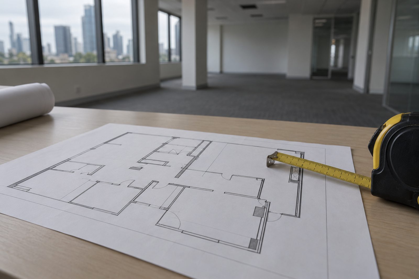 Floor plan and tape measure in an emptied office, close-up