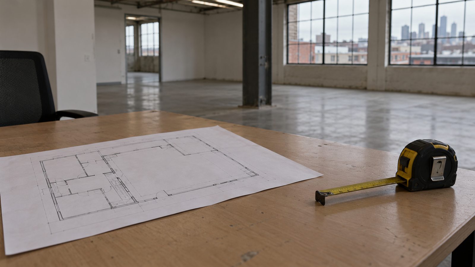 Floor plan and tape measure in an emptied office