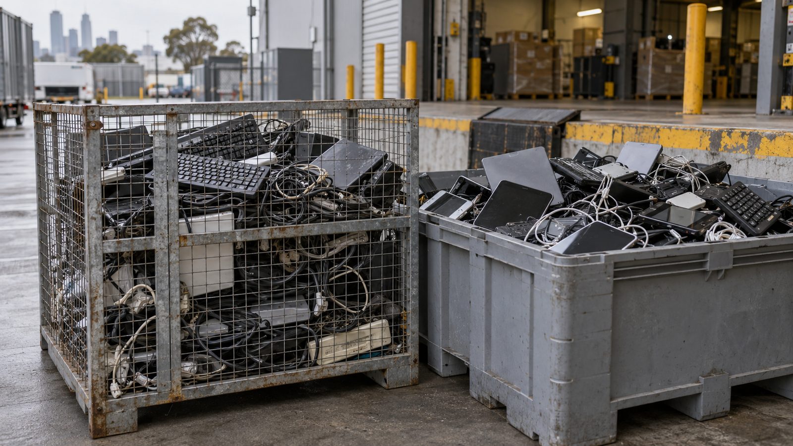E-waste cage and pallet box filled with retired office electronics