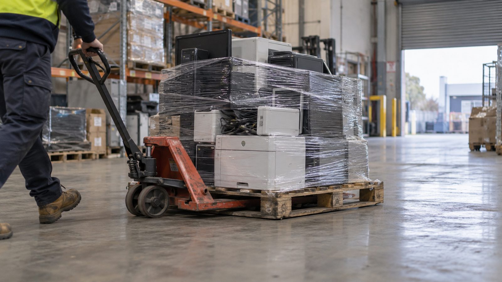 Wrapped pallet of office electronics being moved