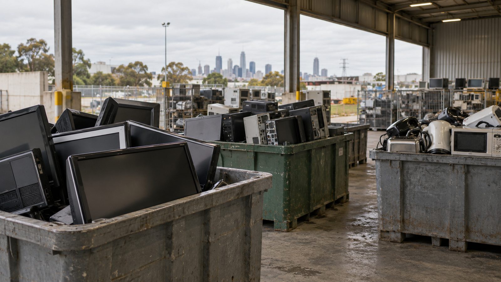 E-waste drop-off bins under a shelter