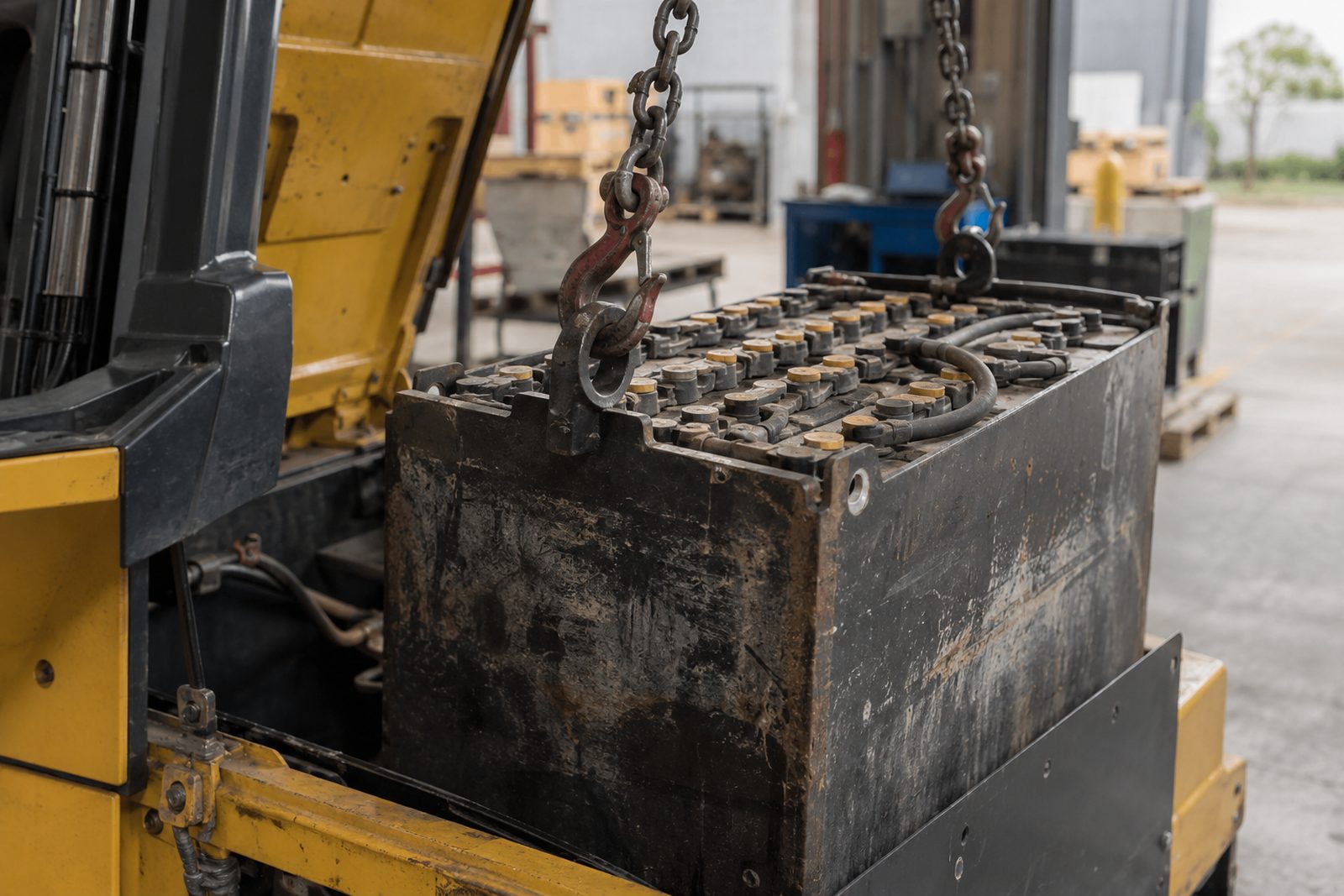Forklift traction battery being lifted out for replacement, close-up