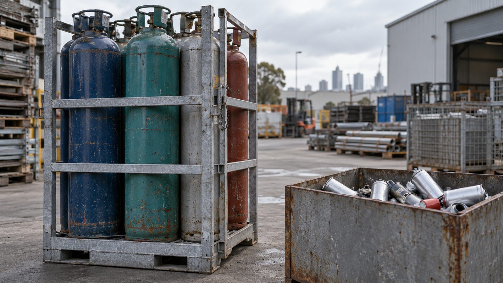 Gas cylinders in a cage and aerosol cans in a yard