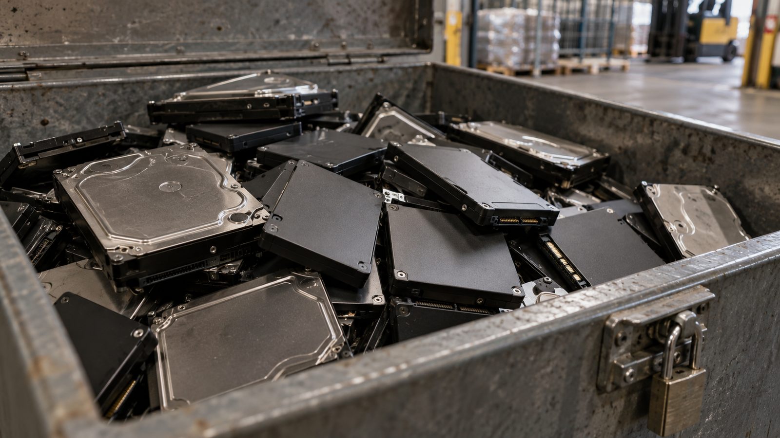 Removed hard drives and SSDs in a locked tub awaiting destruction