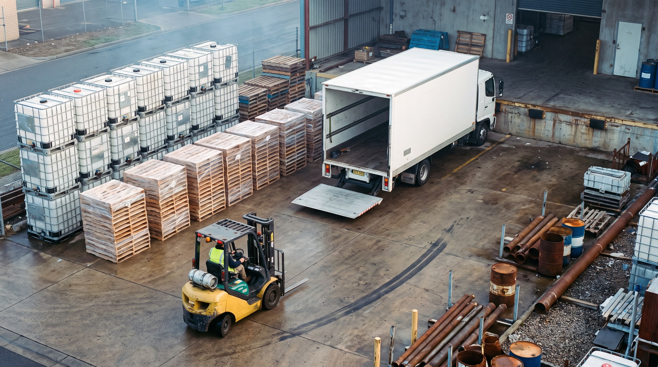Crex truck beside the loading area at the Braeside yard, with palletised material in the foreground