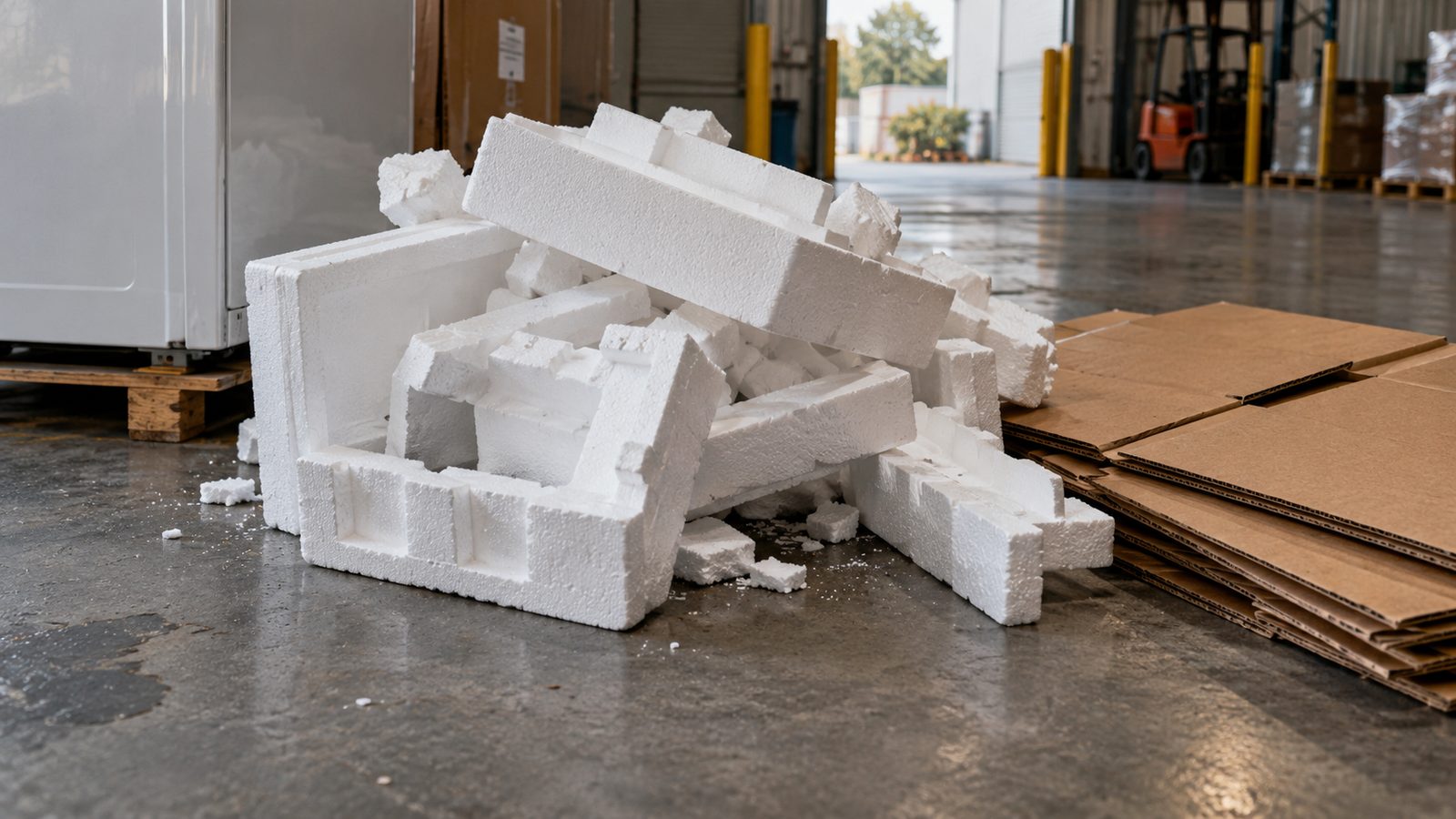 Polystyrene packaging from a delivery on a warehouse floor
