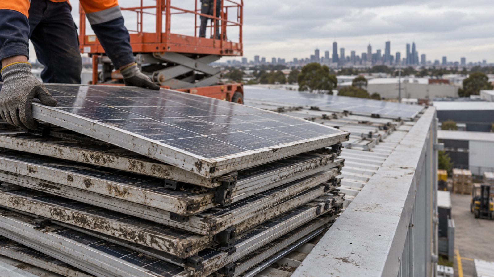 Old solar panels removed from a factory roof