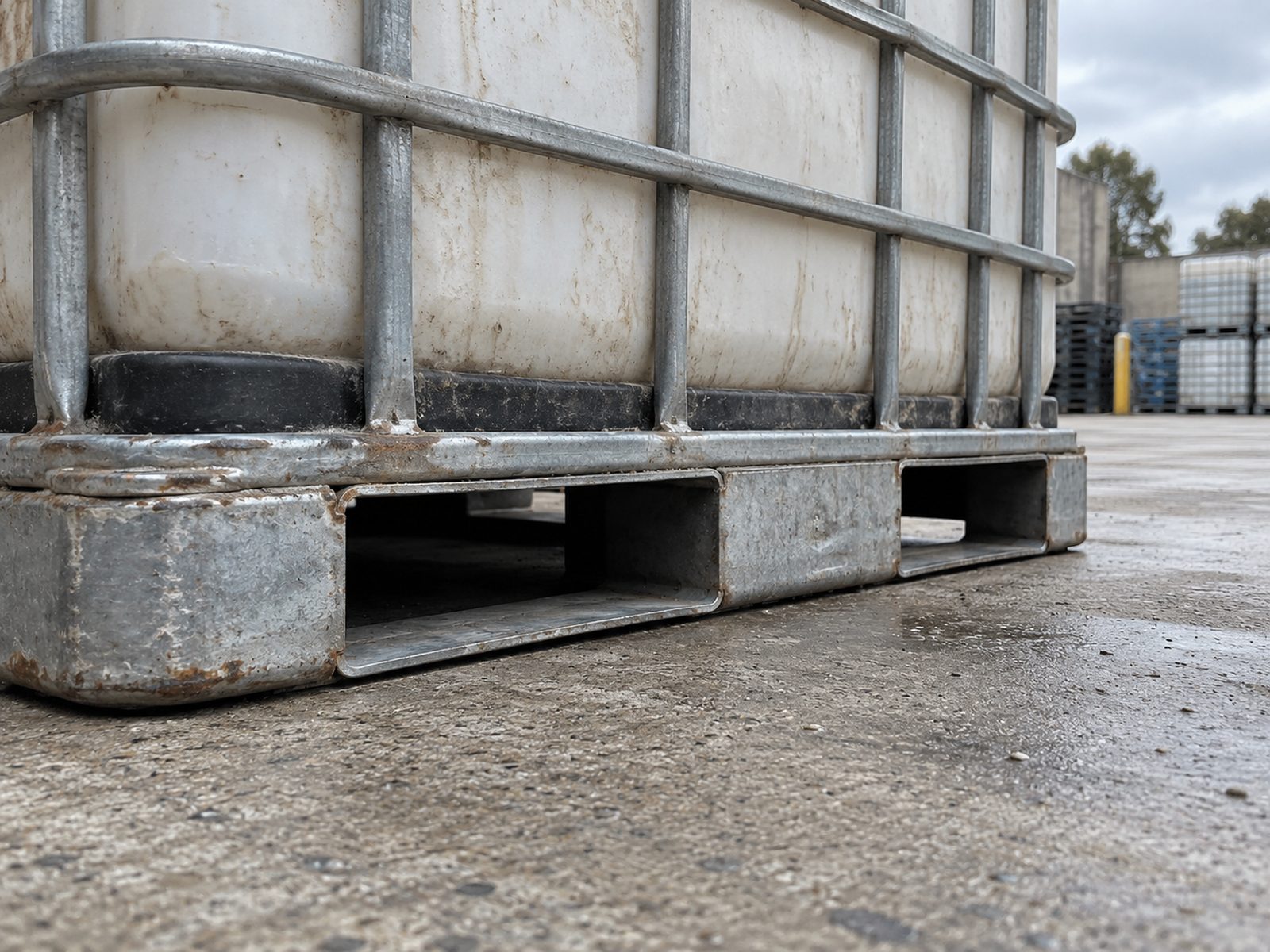 Example of a used IBC pallet base and fork entry points