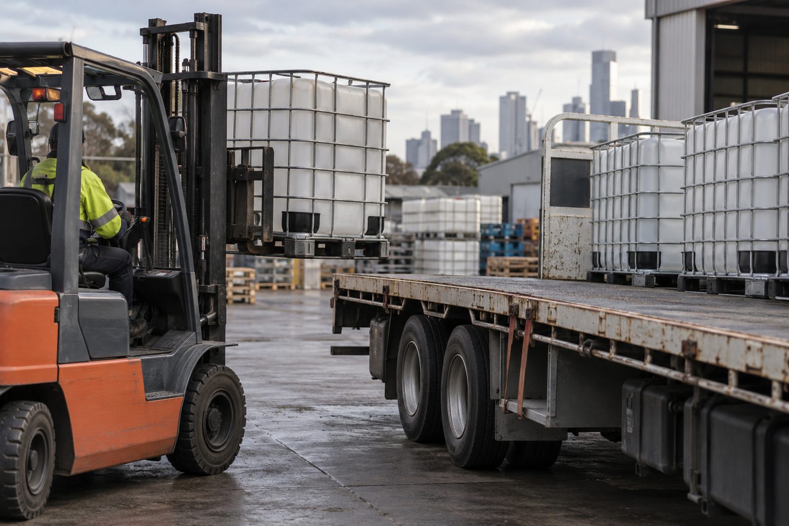 Empty IBC tanks loaded onto a flatbed truck