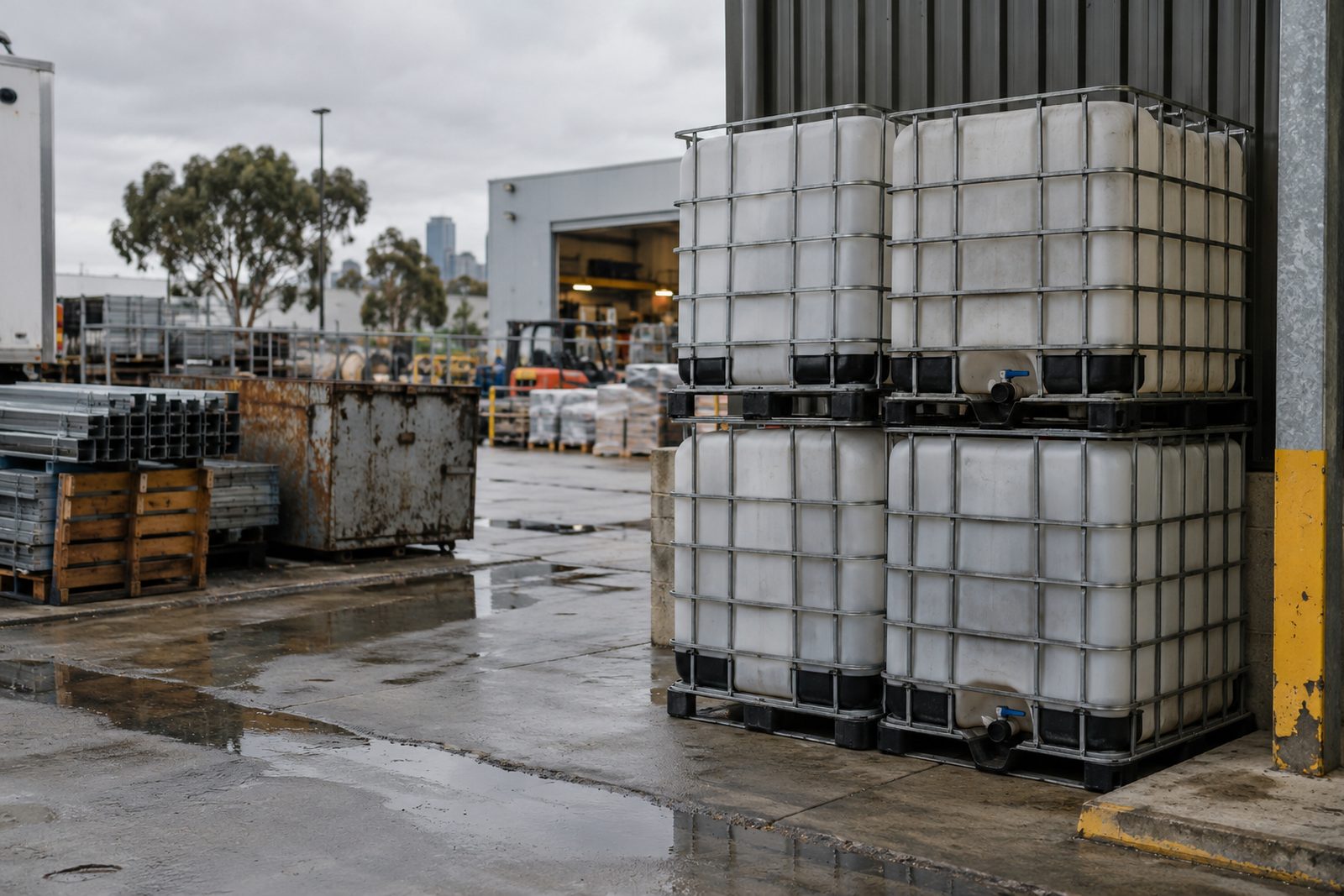Empty IBC tanks taking up a factory yard corner