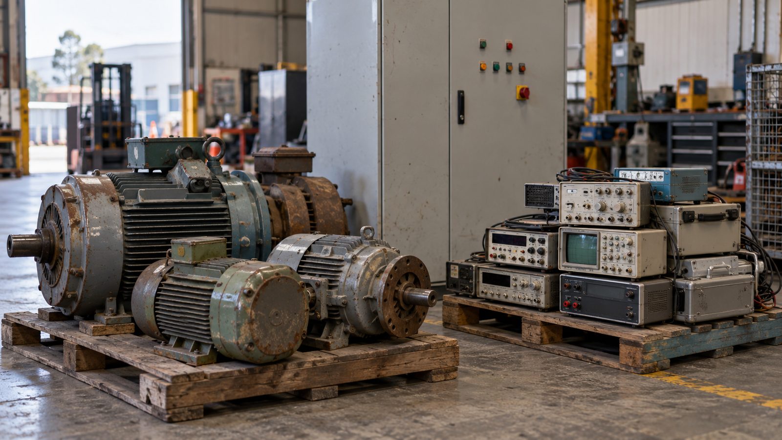 Retired motors, control cabinet and test equipment grouped for recycling
