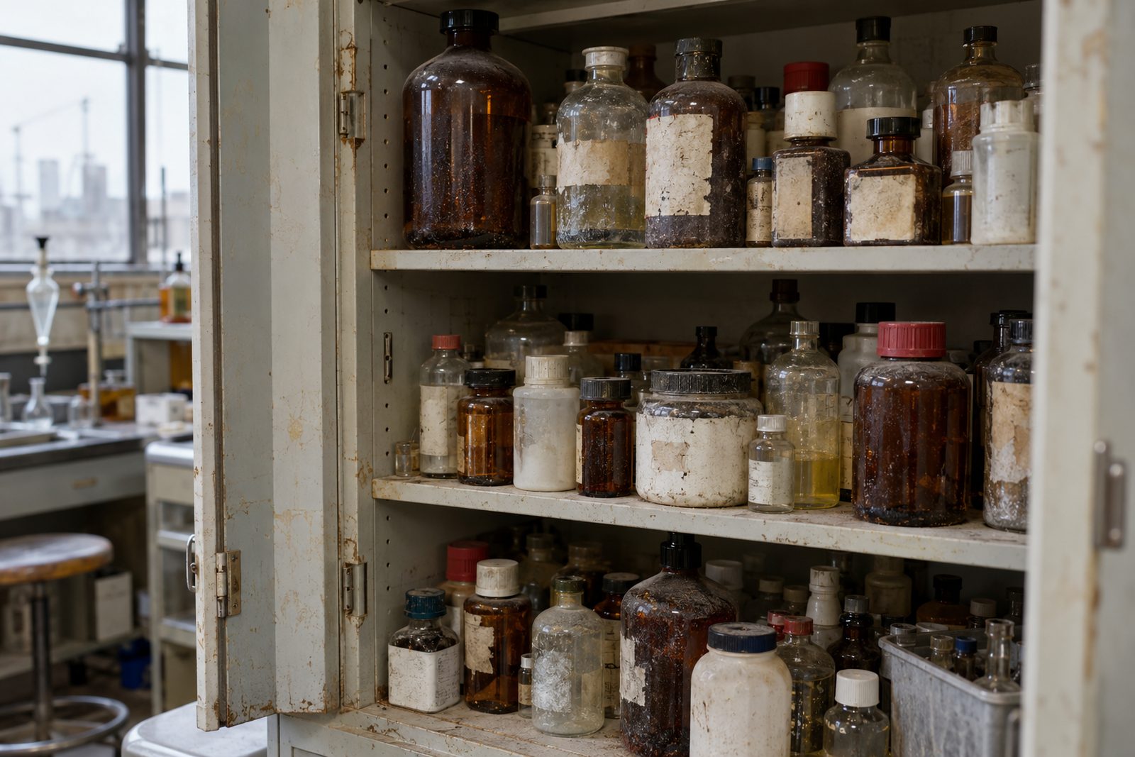 Crowded lab chemical cupboard with old reagent bottles