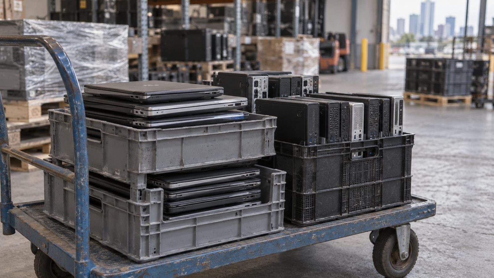 Crates of business laptops and desktop computers for disposal