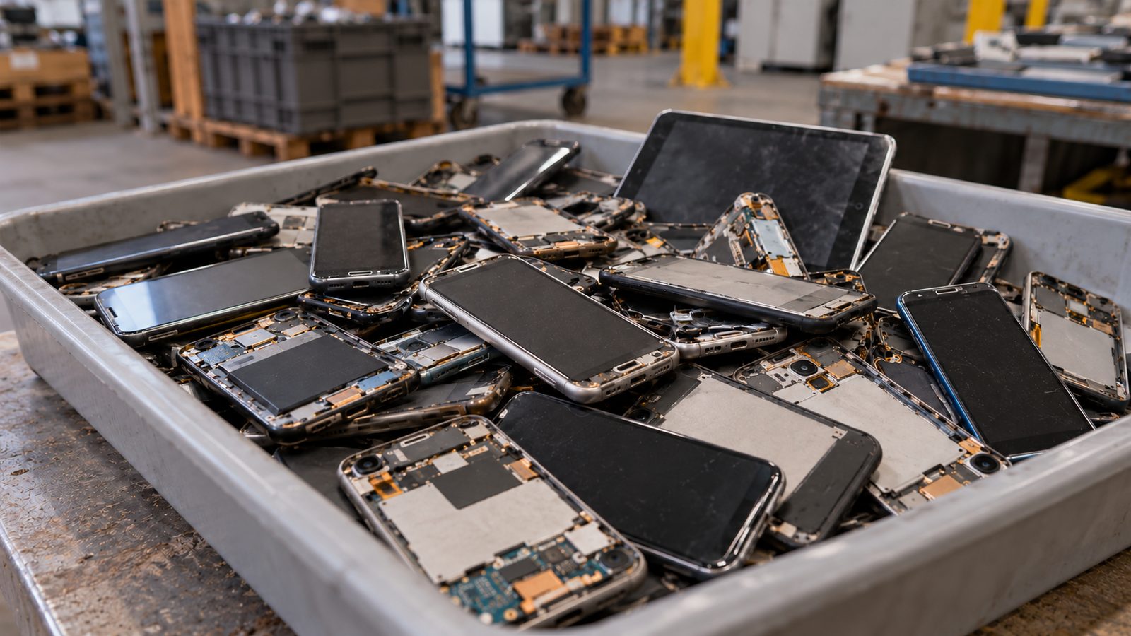 Tray of retired business phones and tablets
