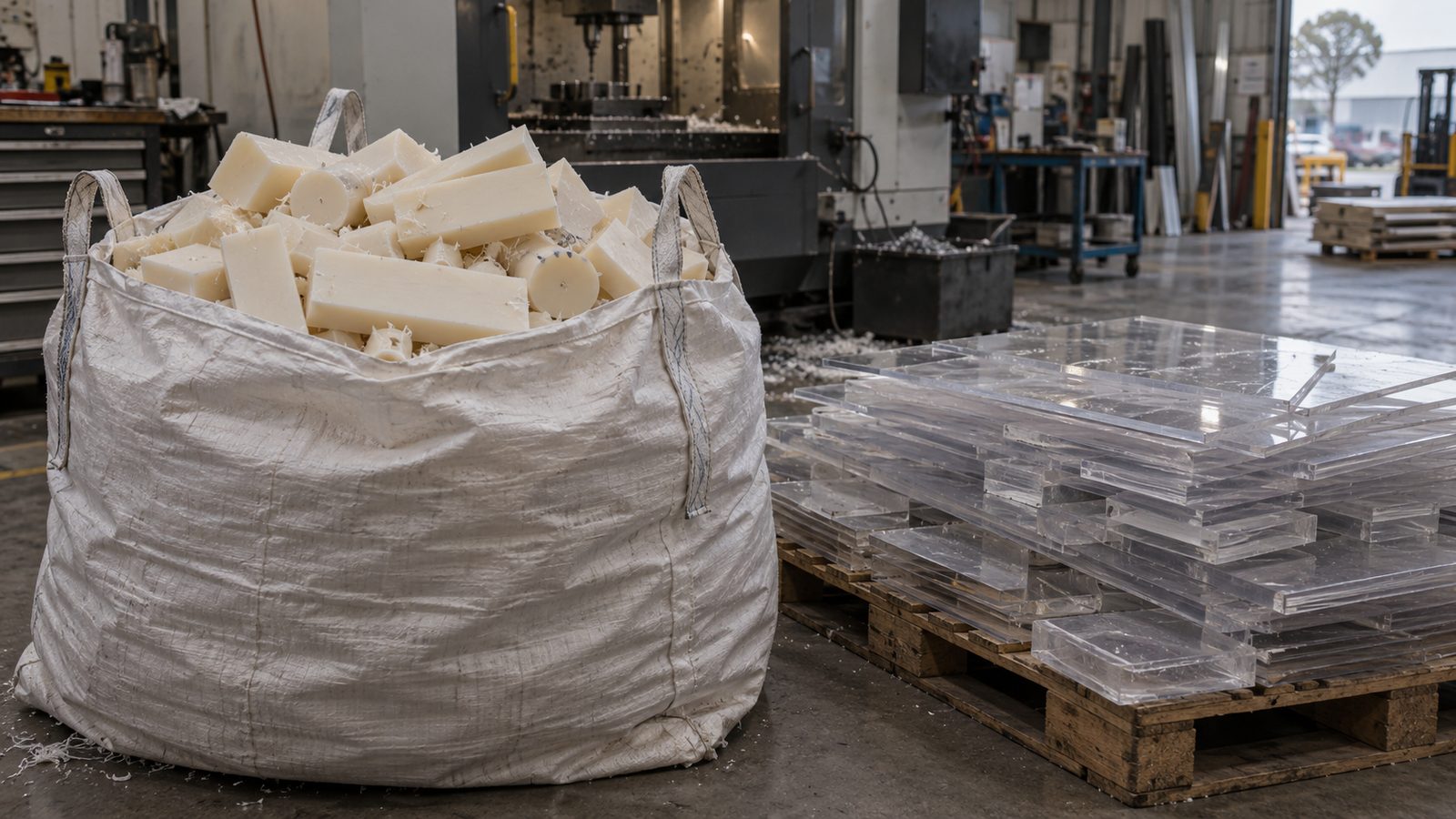 Bulk bag of nylon offcuts and clear polycarbonate sheet offcuts