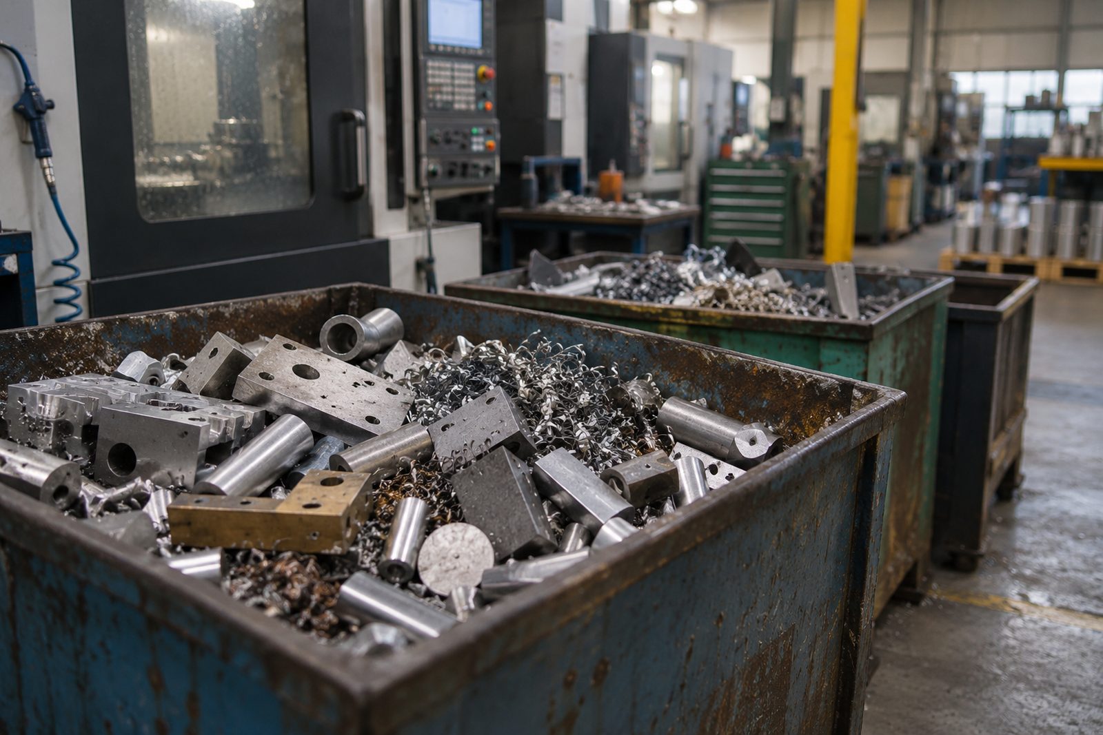Machining offcuts piling up beside CNC machines