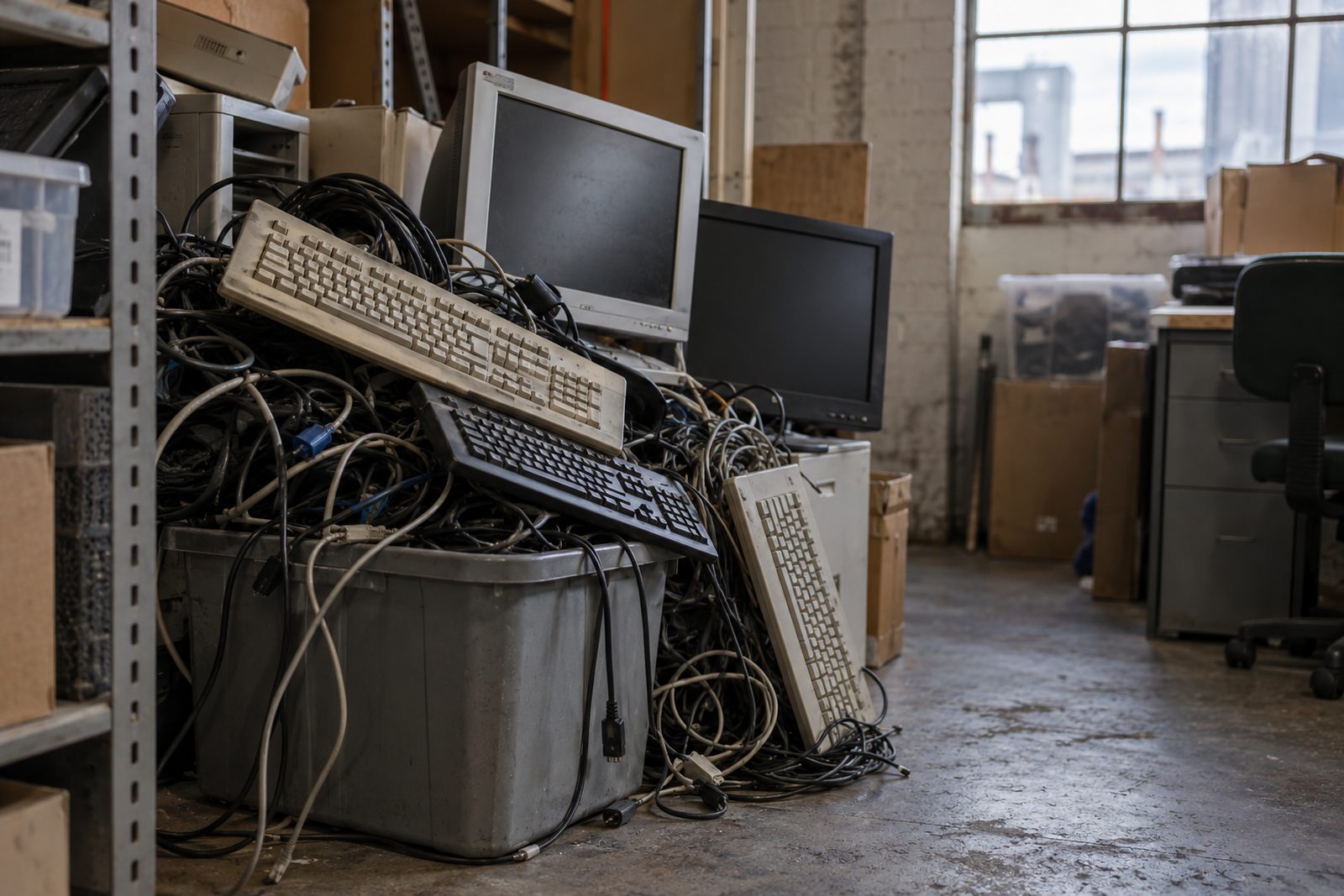 Office storeroom corner piled with old electronics