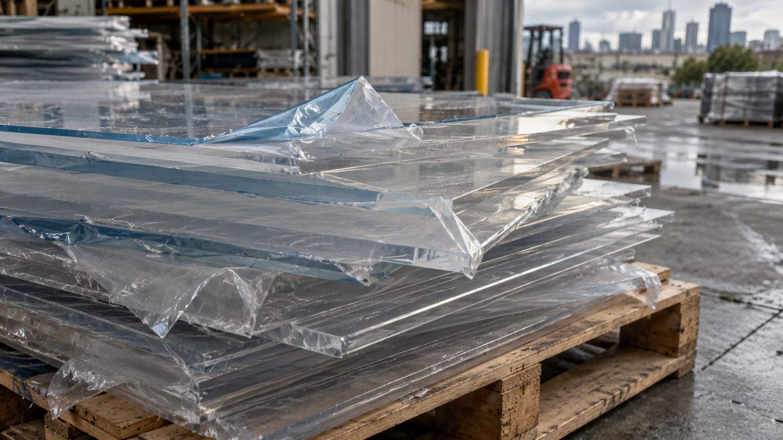 Clear polycarbonate sheet offcuts stacked on a pallet