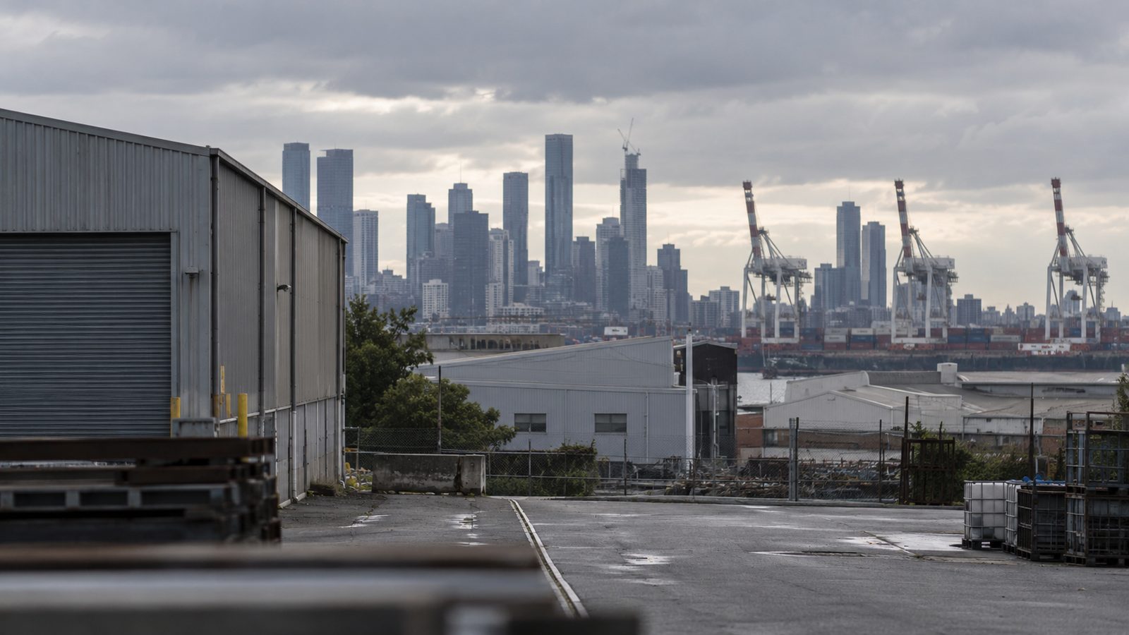 Port Melbourne industrial buildings with the city behind