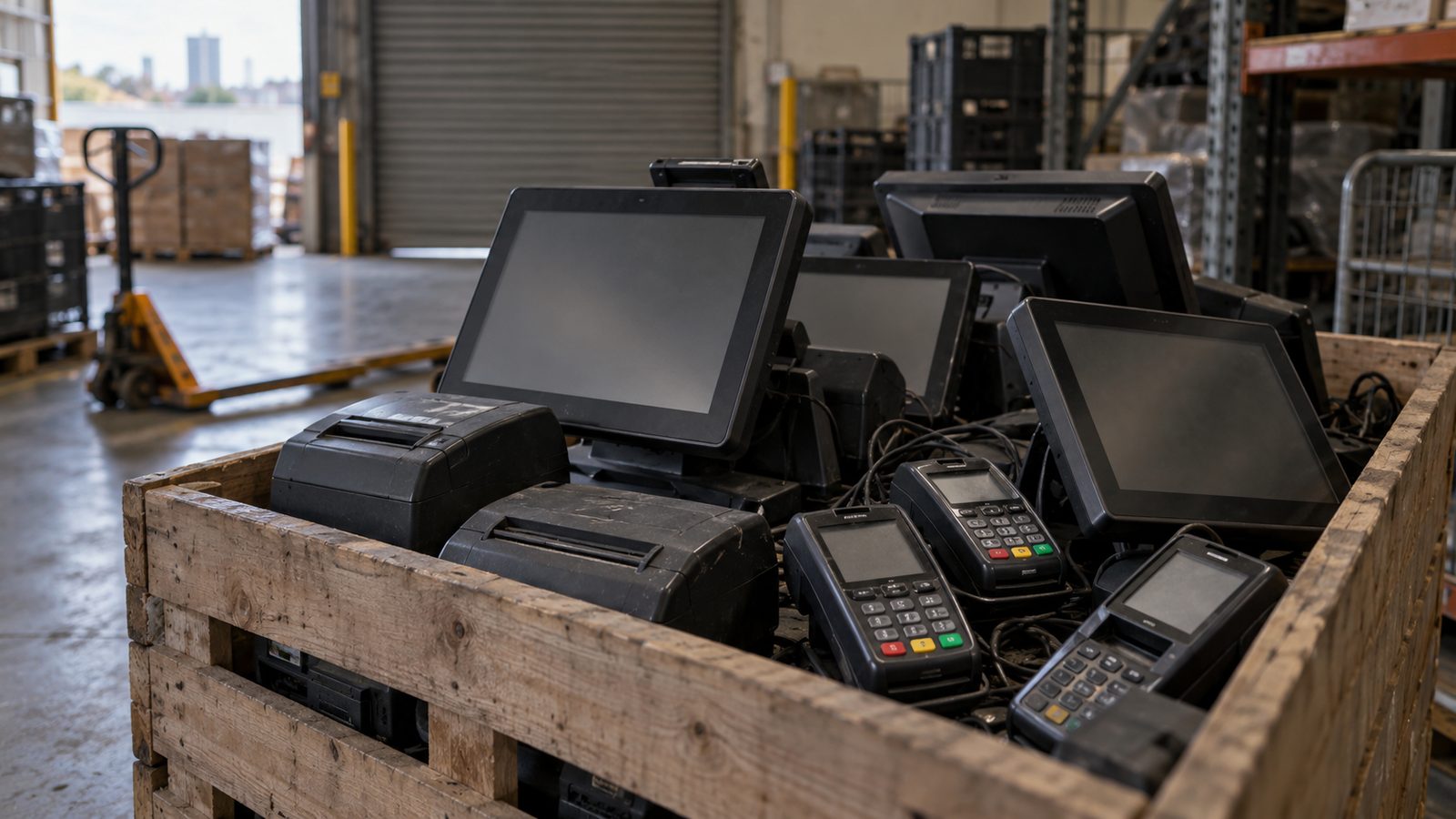 Retired point-of-sale terminals and receipt printers in a crate