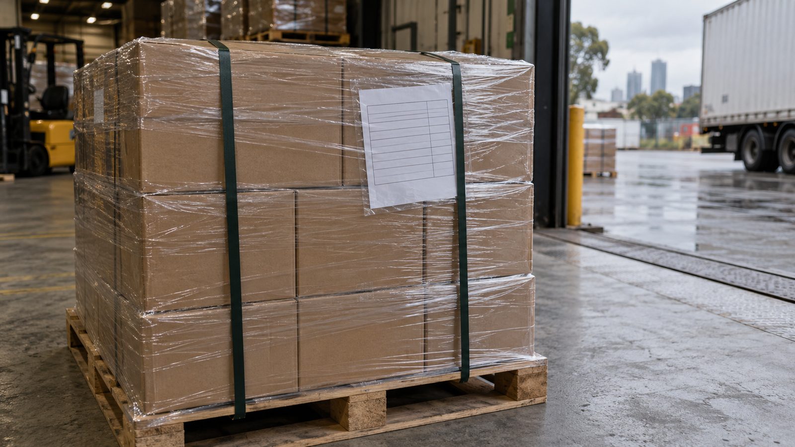 Wrapped and strapped pallet prepared for collection