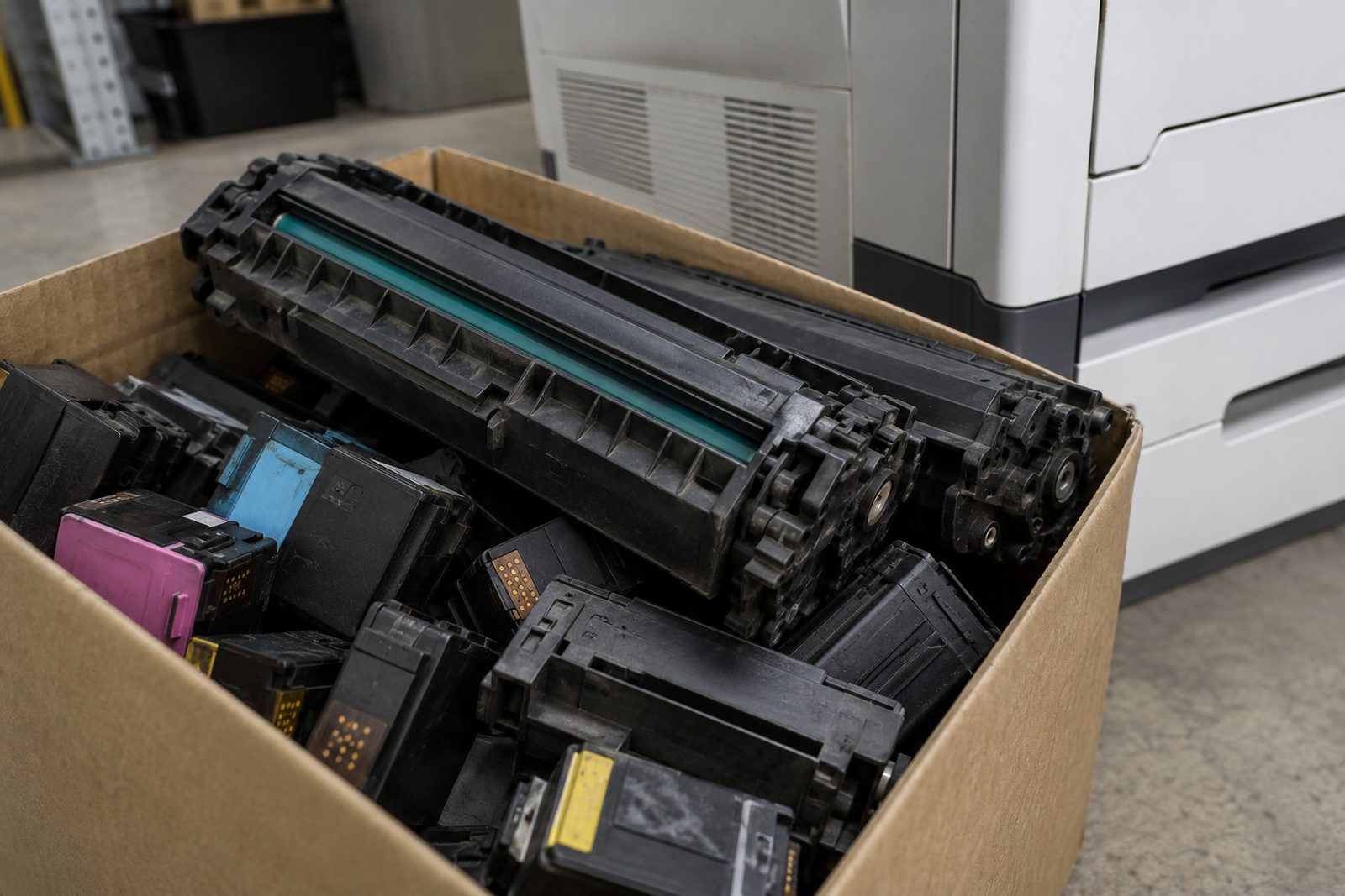 Used toner and ink cartridges beside an office printer, close-up