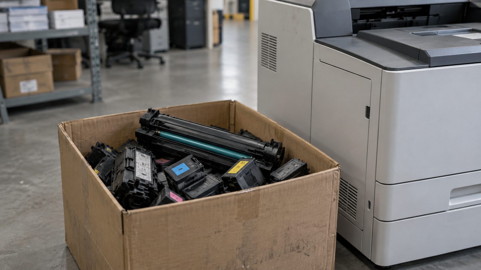 Used toner and ink cartridges beside an office printer