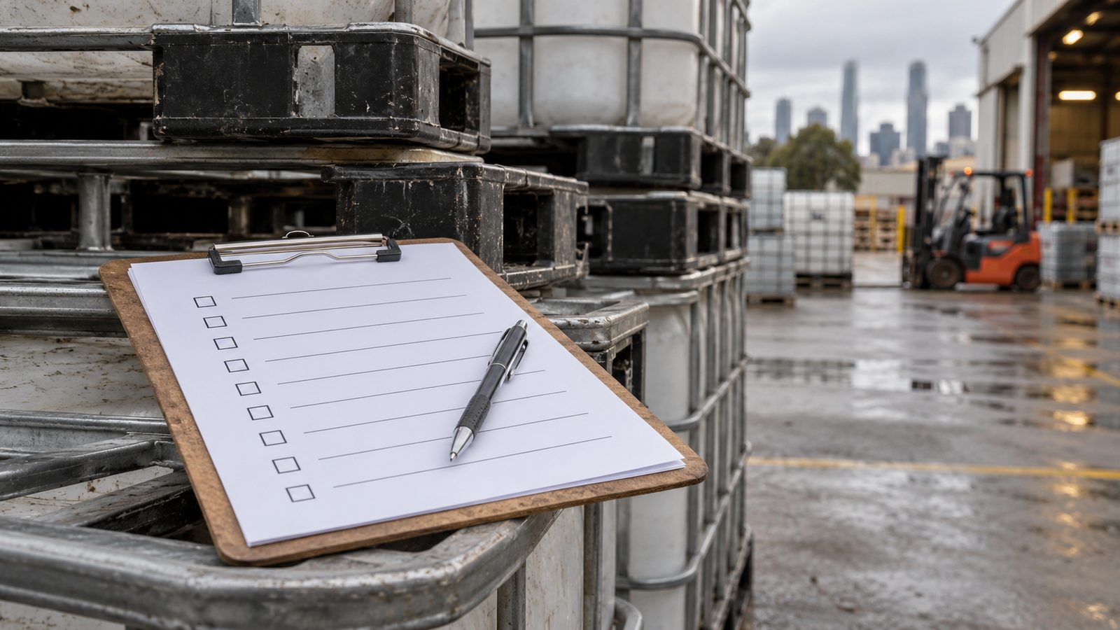 Checklists on a clipboard resting on pallets