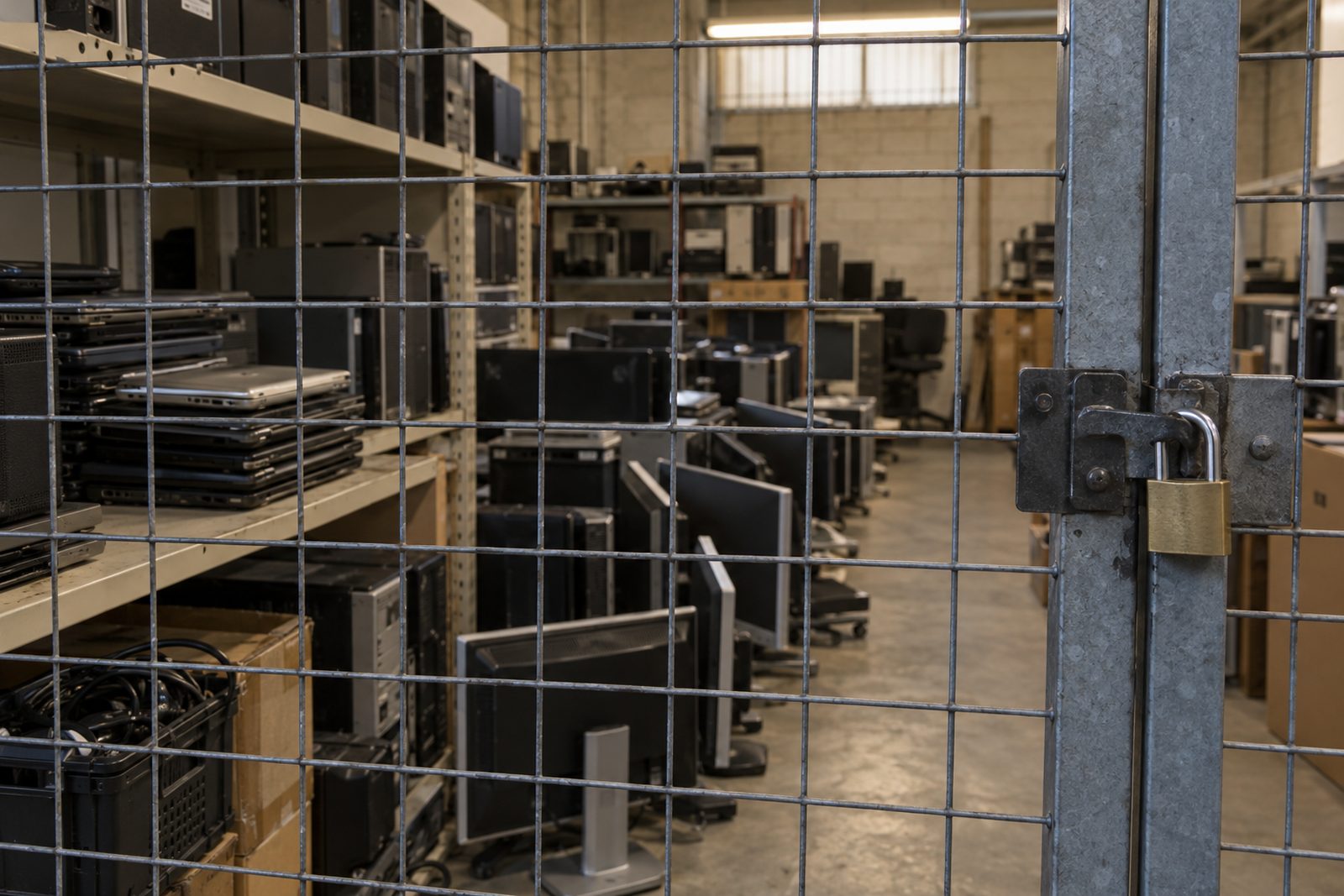 Locked storeroom of retired IT equipment