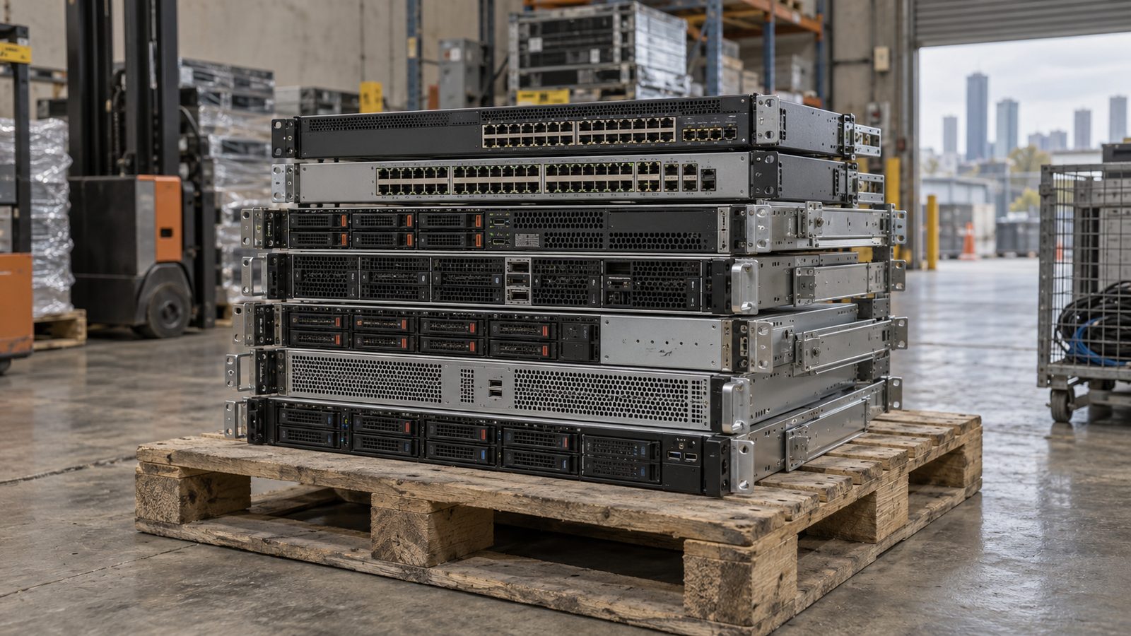 Rack servers and network switches stacked on a pallet