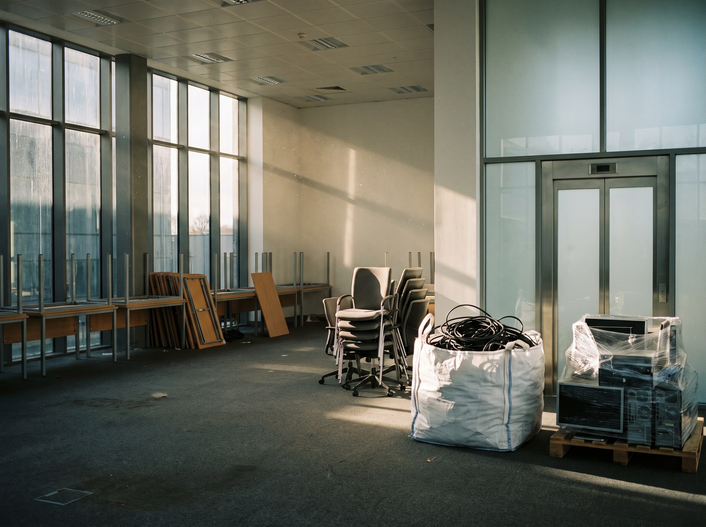 a stripped office floor at handover with palletised IT, steel cabinets and cable separated by stream