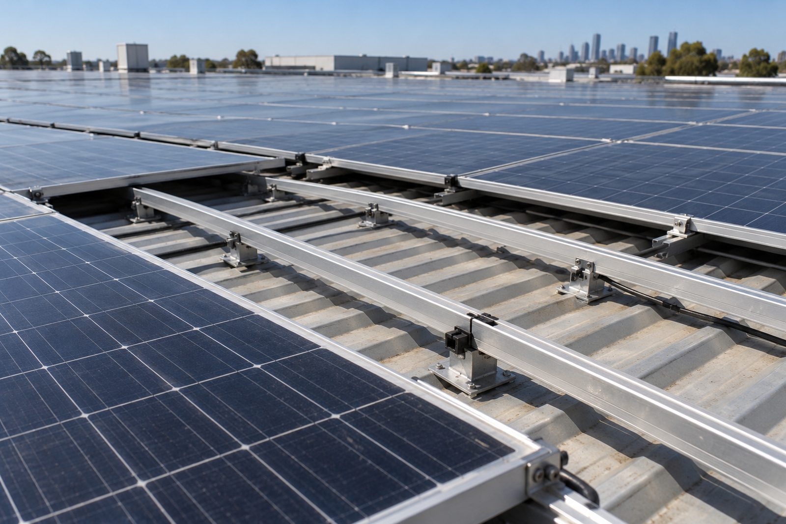 Factory rooftop solar array with one row removed, close-up