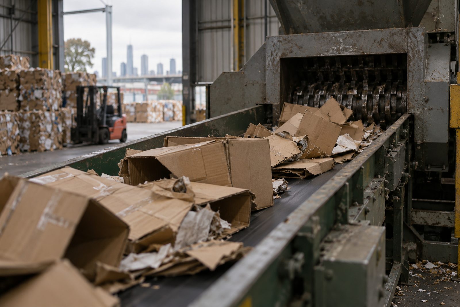 Cartons of stock feeding an industrial shredder