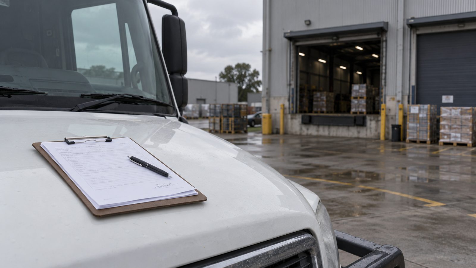 Quote on a clipboard at a warehouse dock