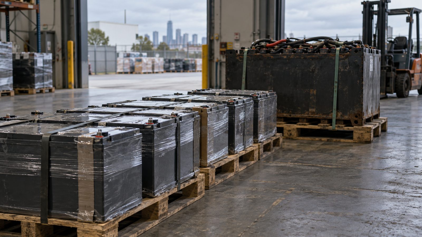 Retired UPS batteries and a forklift battery on pallets ready for collection