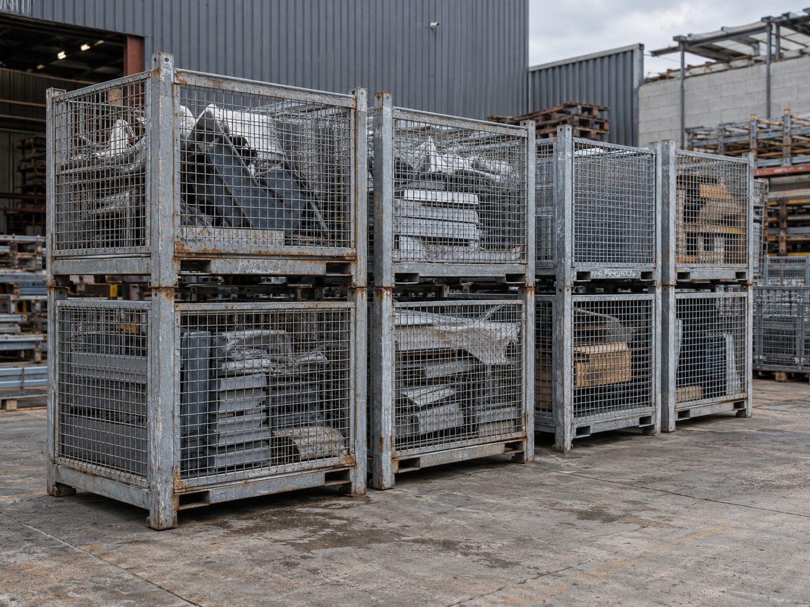 Example of used galvanised steel stillages stacked in a yard