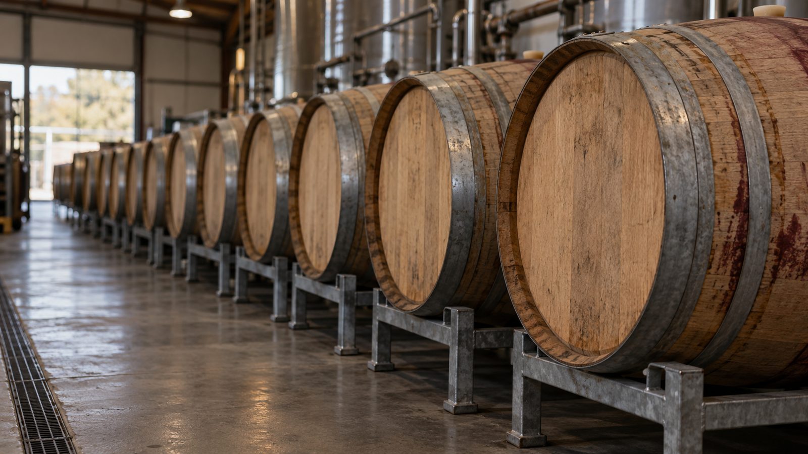 Used oak wine barrels on racks in a winery barrel hall