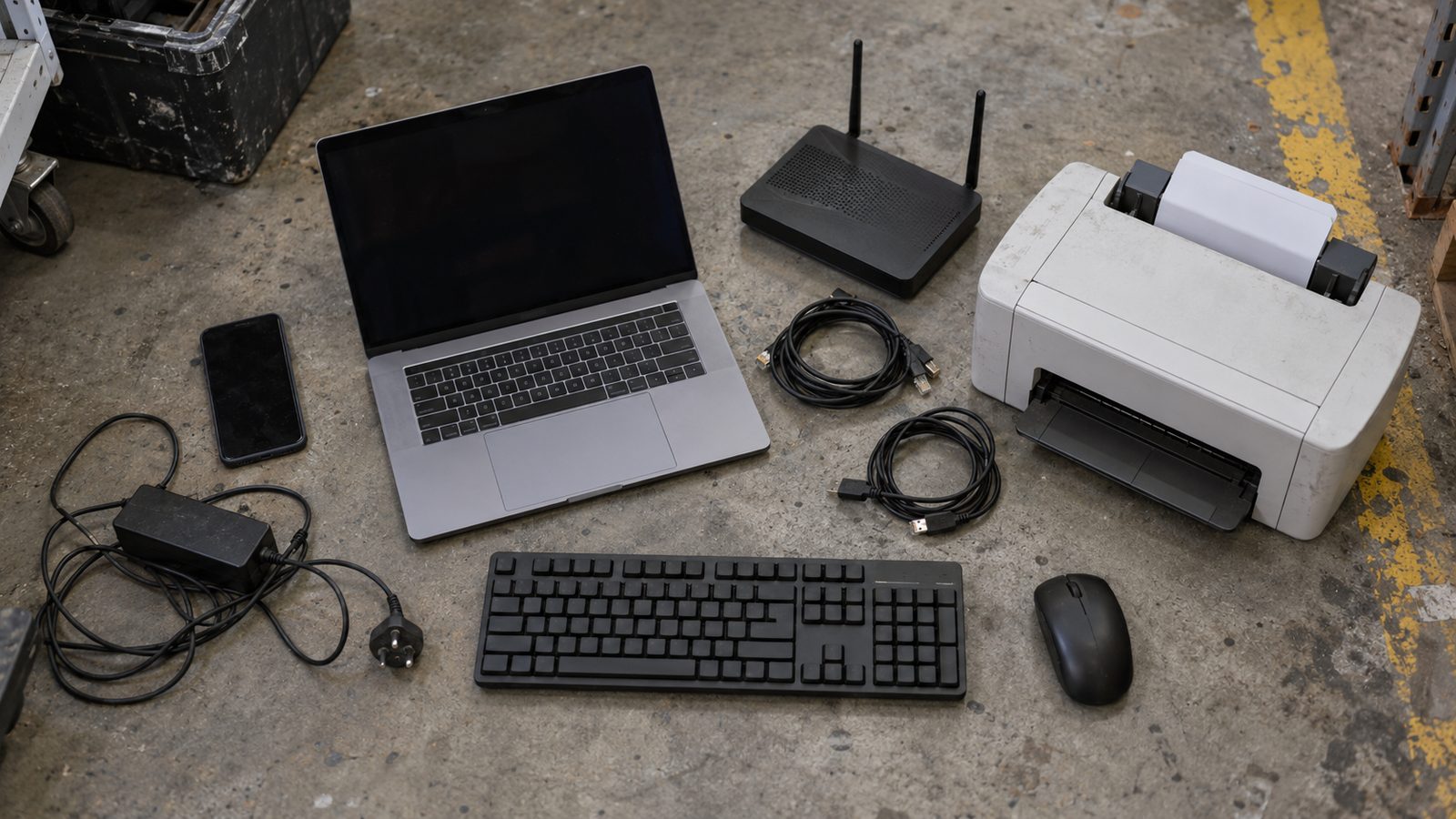 Common office e-waste laid out on a concrete floor