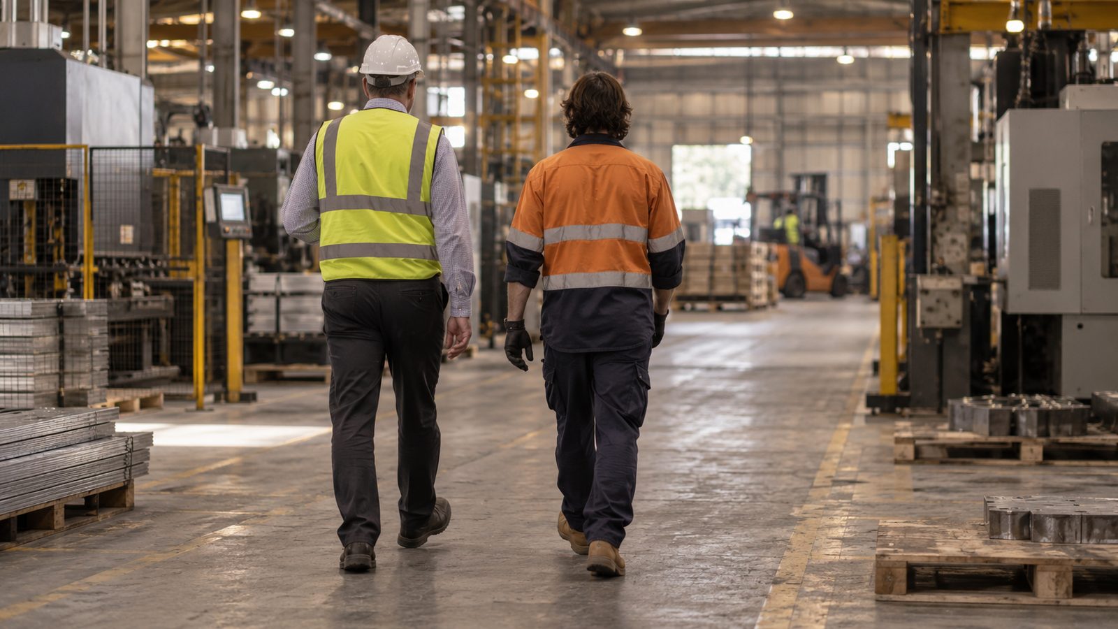 Facilities manager walking a factory floor